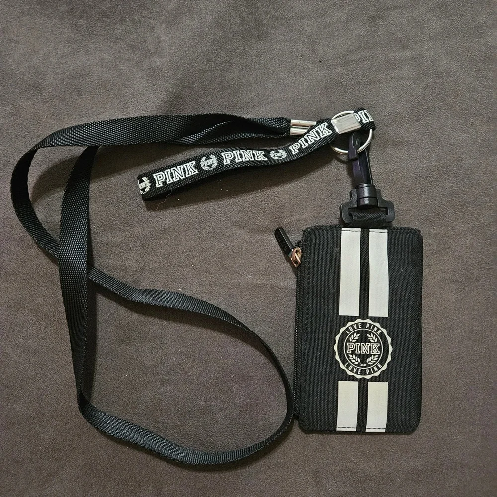 Victorias Secret PINK Lanyard ID Badge Holder Wallet‎ Black White Logo Stripe